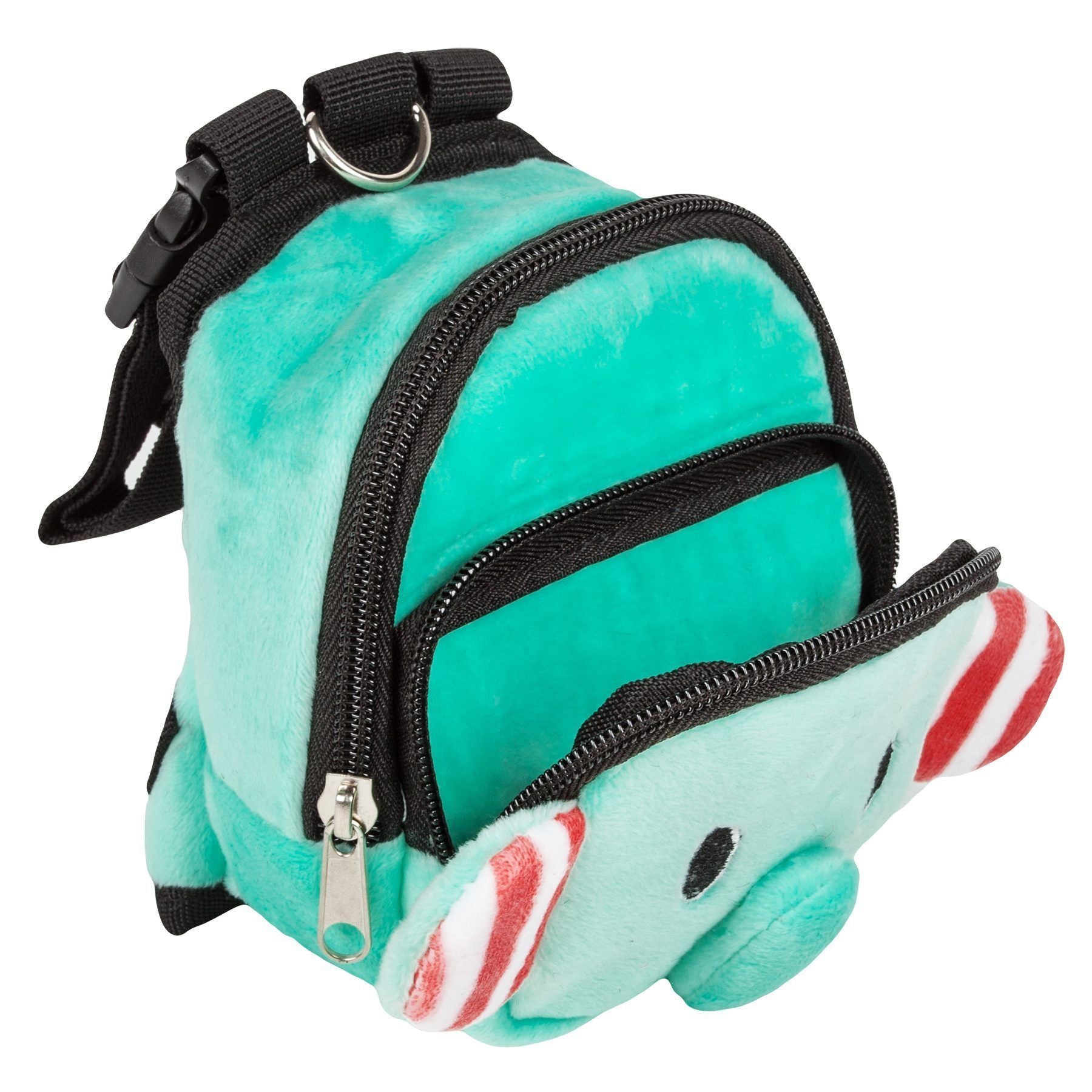 Mint plush backpack side view with black double zippers and red-striped arm detail
