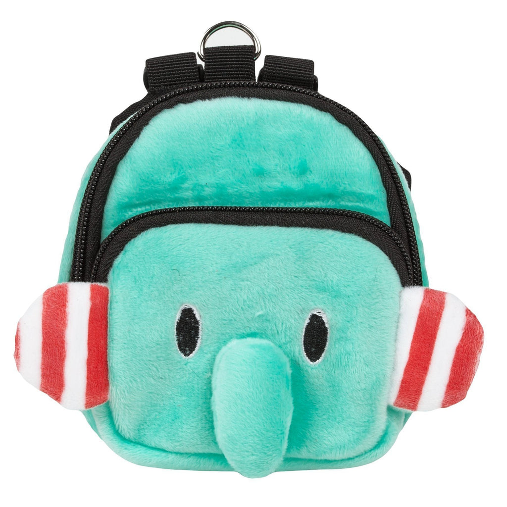 Mint plush front pouch with cartoon elephant face, black zipper and hanging loop