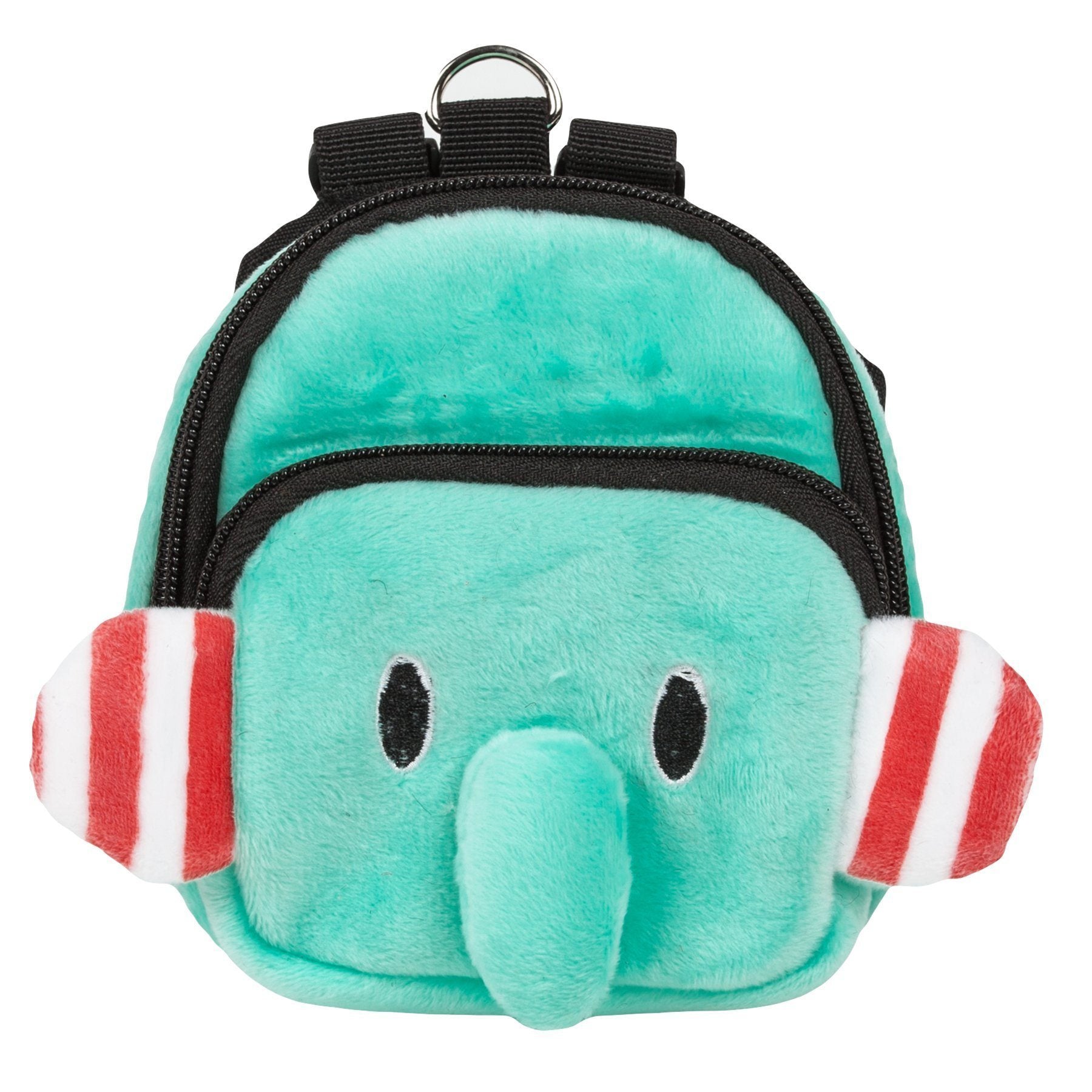 Mint plush front pouch with cartoon elephant face, black zipper and hanging loop