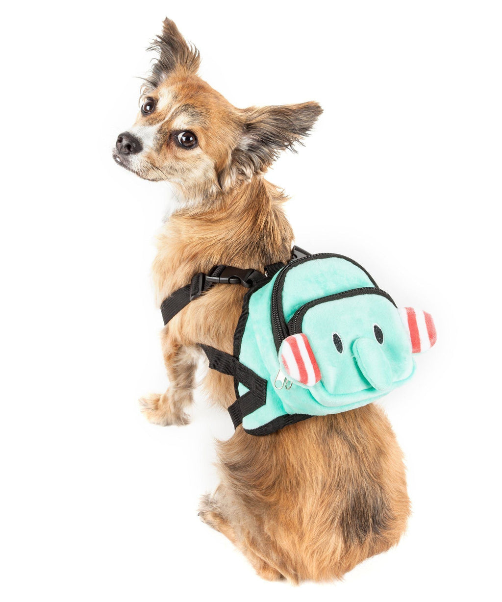 Mint plush dog harness backpack with cartoon face, red-striped arms, black straps
