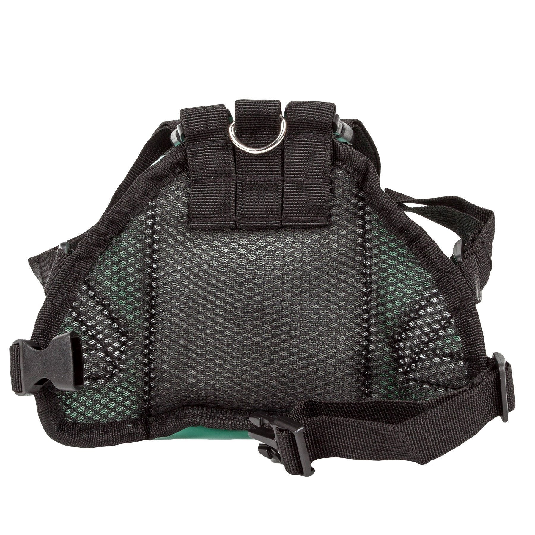 Mesh-backed black support panel on mint plush dog harness backpack with D-ring