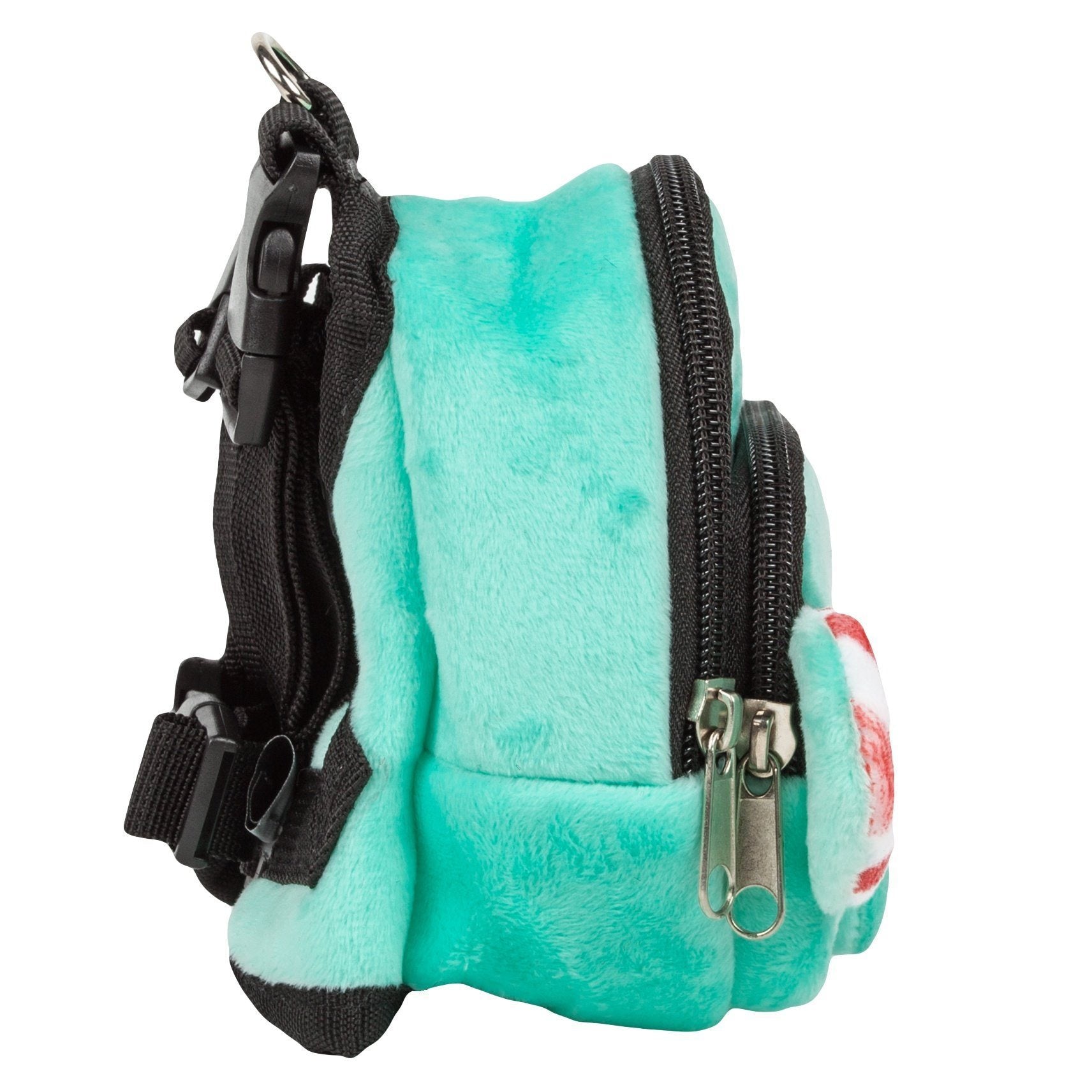 Mint plush dog harness backpack side view with black straps and metal zipper