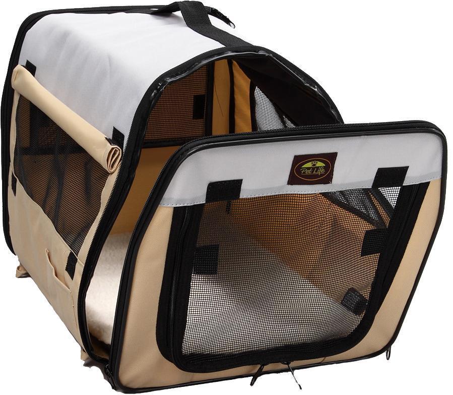 Khaki folding pet crate carrier with front mesh door and soft khaki walls