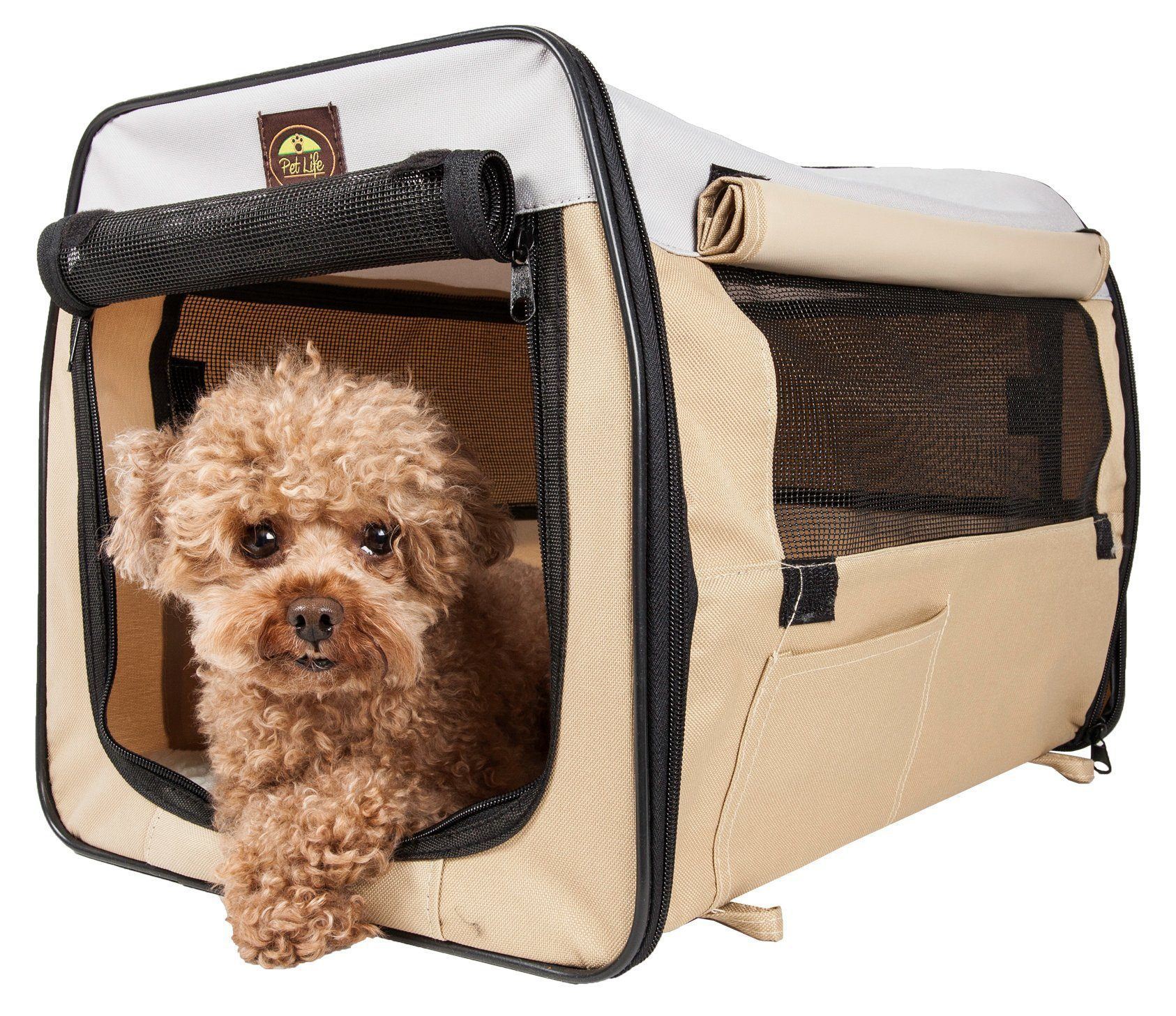 Khaki folding dog crate carrier with mesh front and zipper door, dog inside