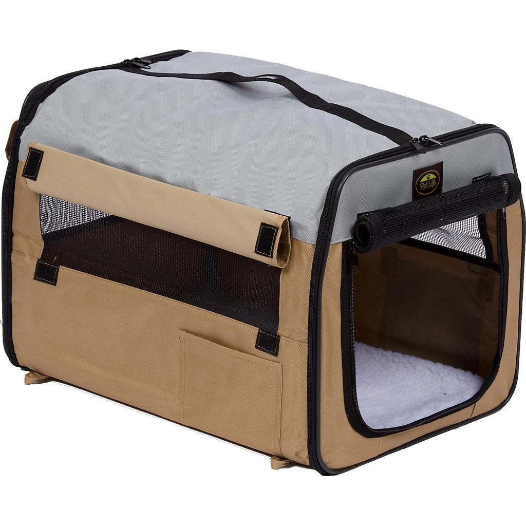 Khaki collapsible dog carrier with top and side zipper openings, interior visible