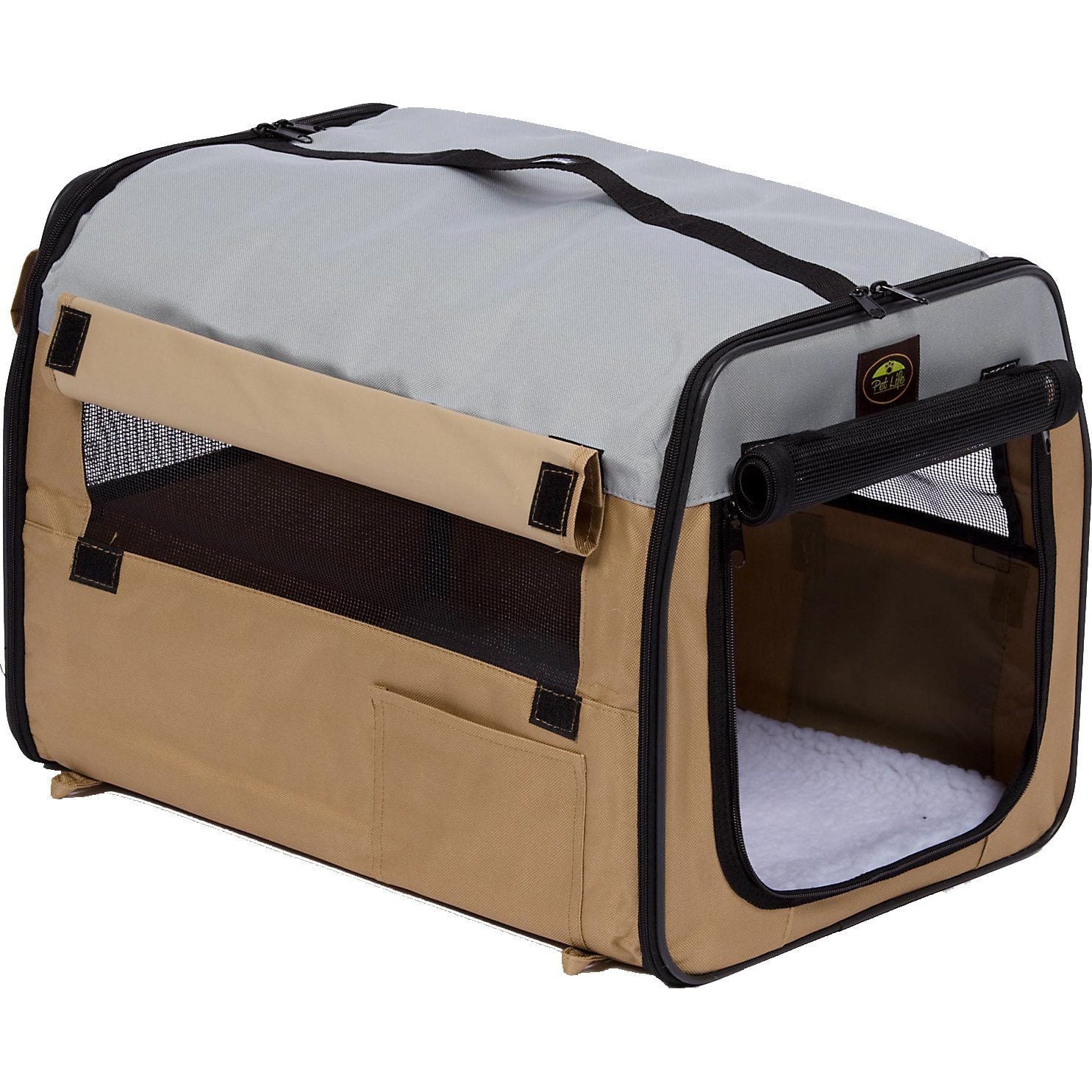 Khaki collapsible dog carrier with top and side zipper openings, interior visible