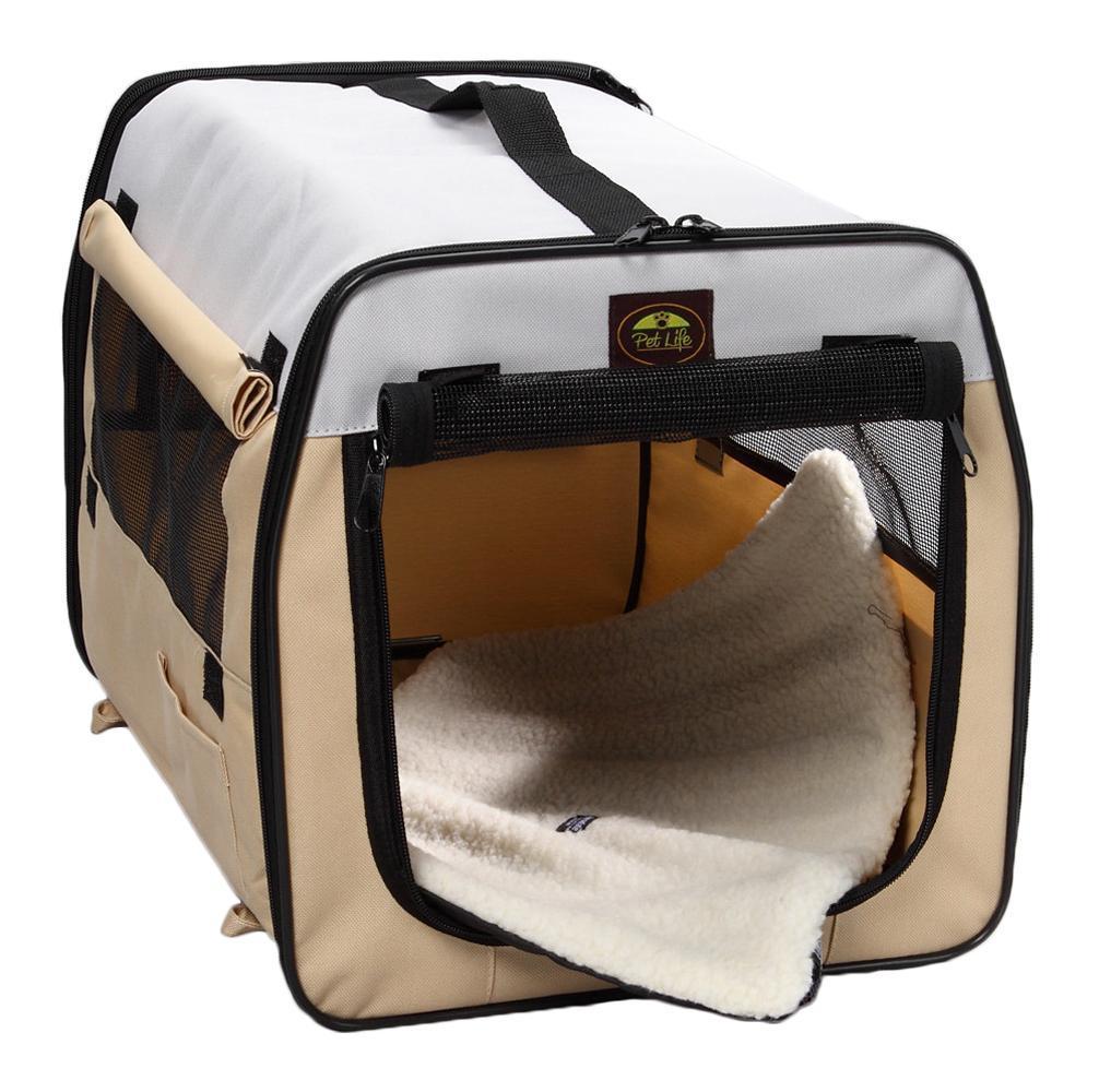 Khaki folding dog crate carrier with mesh door and plush white pad inside