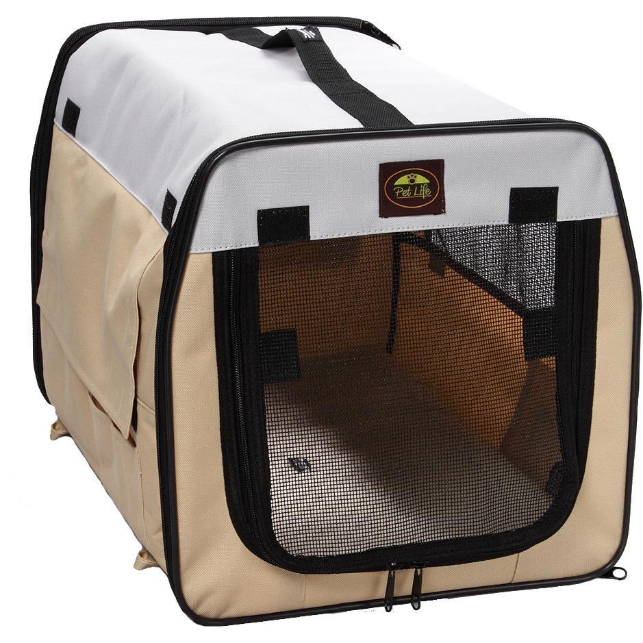 Khaki collapsible pet crate carrier with clear mesh window panels and zip front