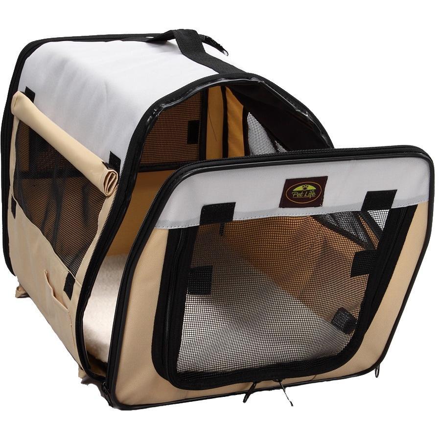 Khaki portable dog crate with mesh side panels and front zip door