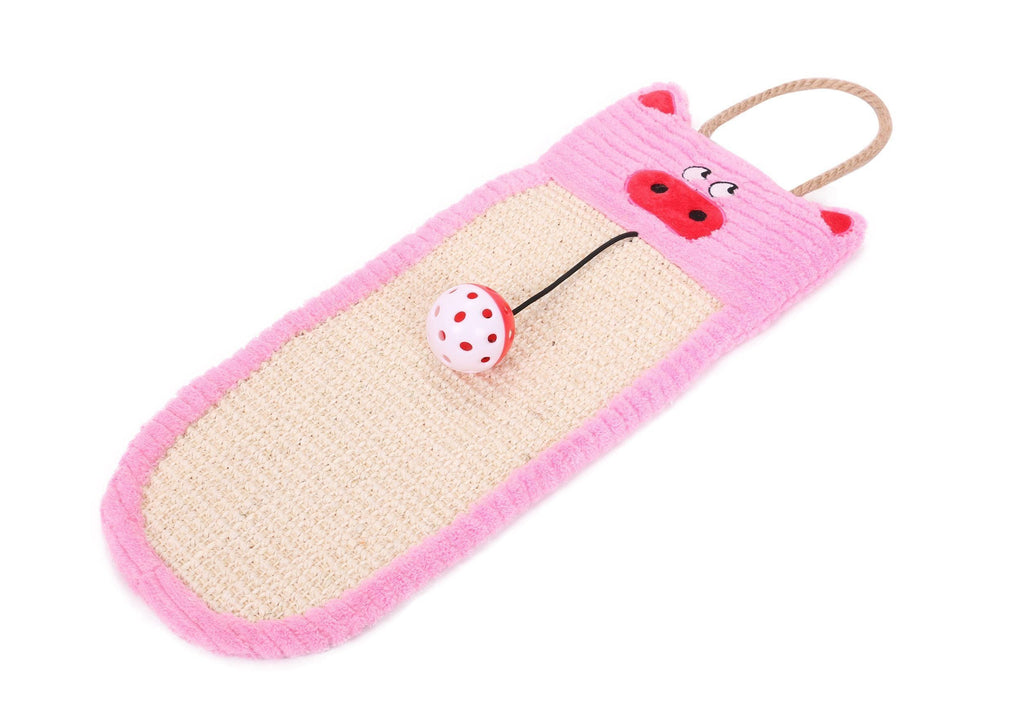 Pink sisal-jute hanging cat scratcher with ladybug patch and red/white ball toy
