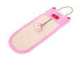 Pink sisal-jute hanging cat scratcher with ladybug patch and red/white ball toy