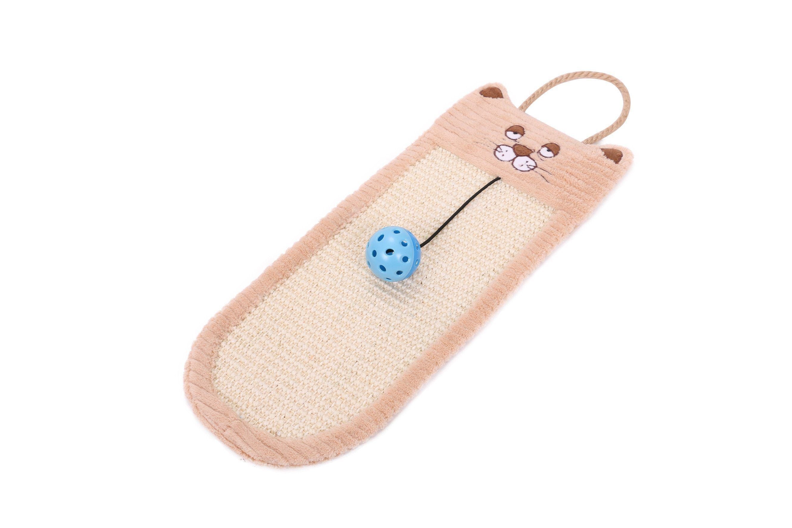 Brown sisal-jute hanging cat scratcher with mouse patch and blue ball toy