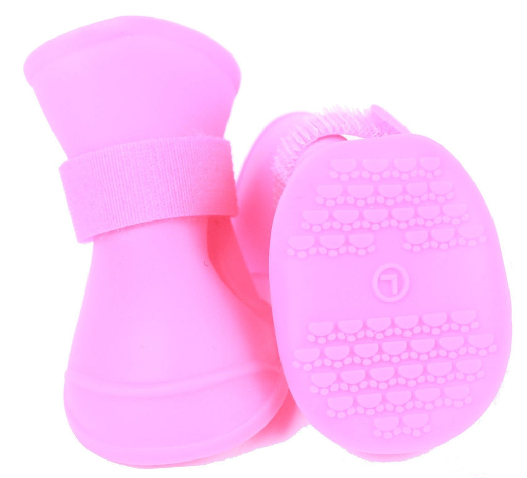 Pink rubber dog shoes with elastic cuffs and paw-pattern grip sole