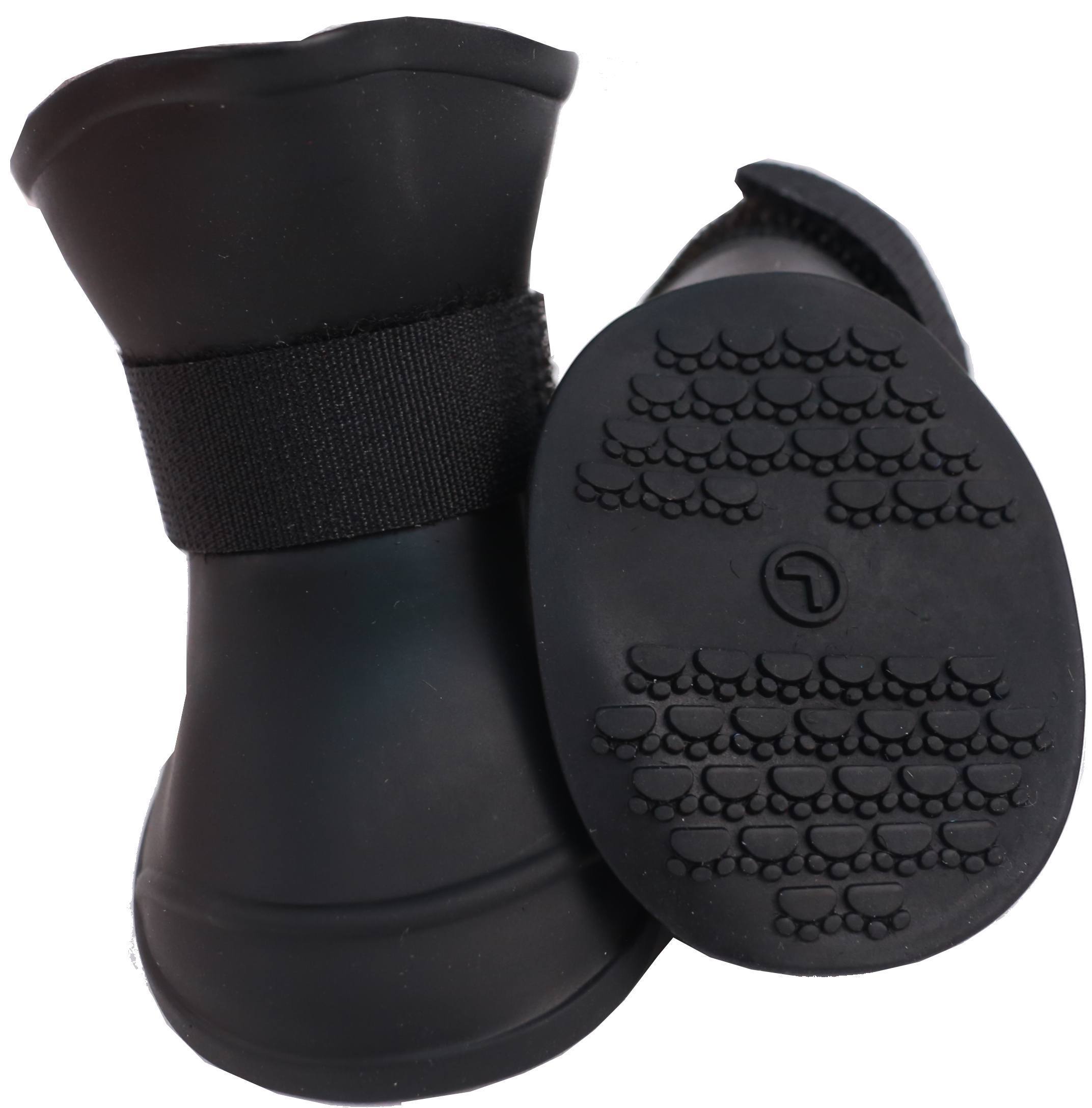 Black rubber dog shoes with elastic cuffs and paw-pattern grip sole
