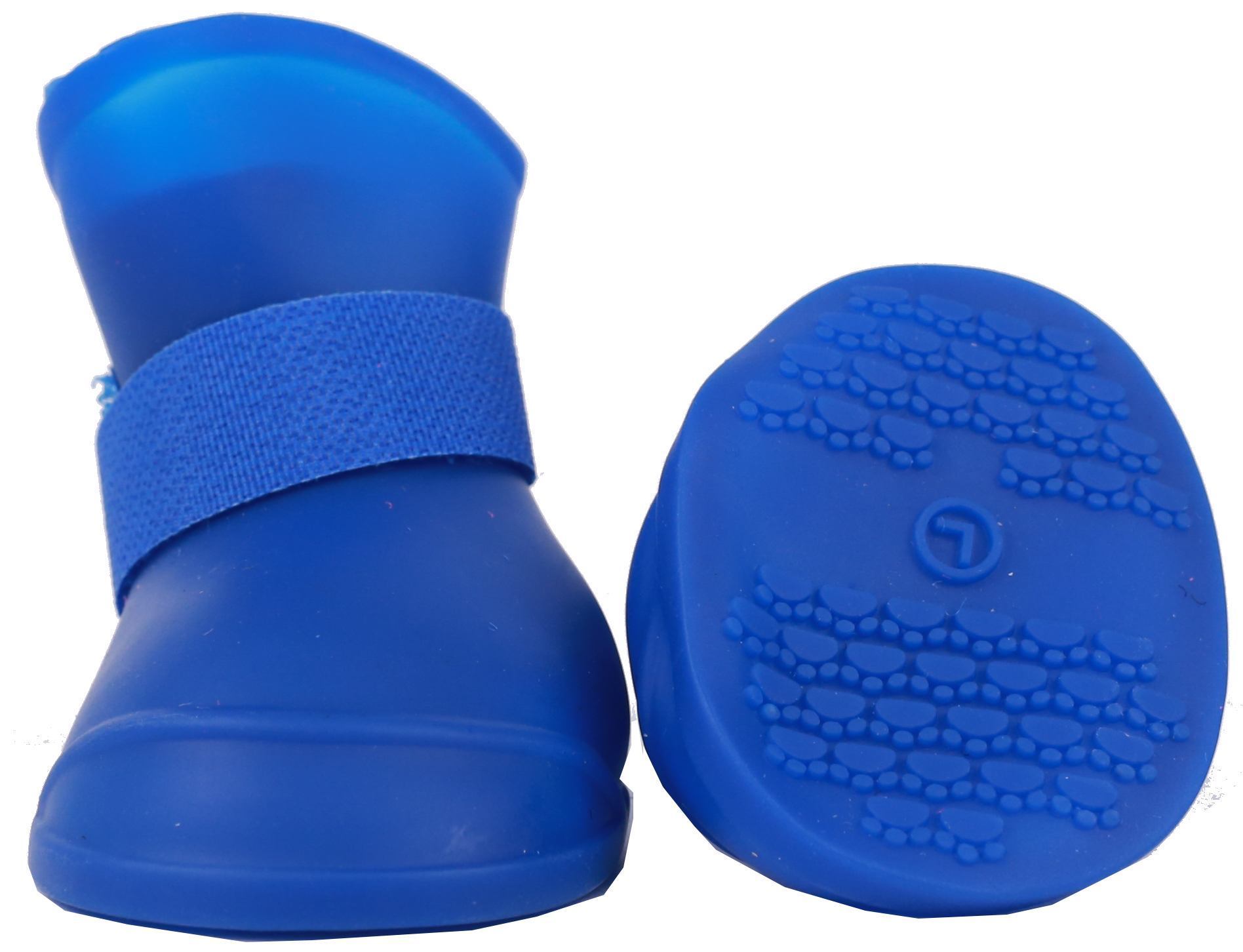 Blue rubber dog shoes with elastic cuffs and paw-pattern grip sole