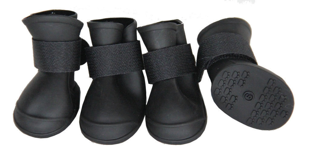 Set of 4 black dog boots with elastic straps and rubber tread soles