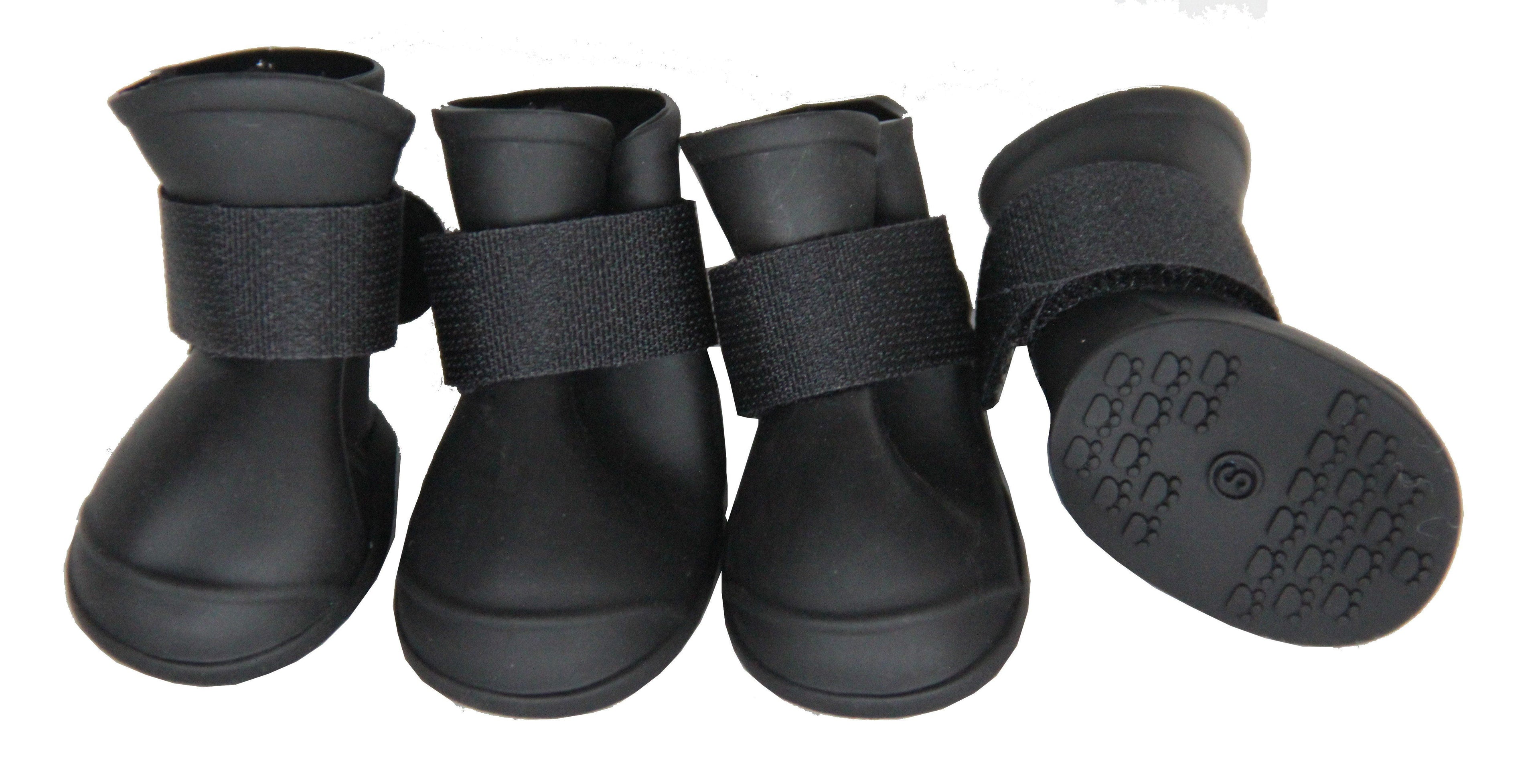 Set of 4 black dog boots with elastic straps and rubber tread soles