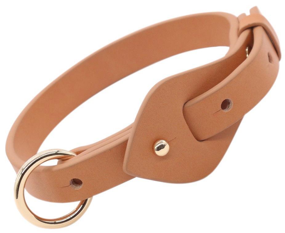 Brown adjustable leather dog collar with gold-tone D-ring and snap closure