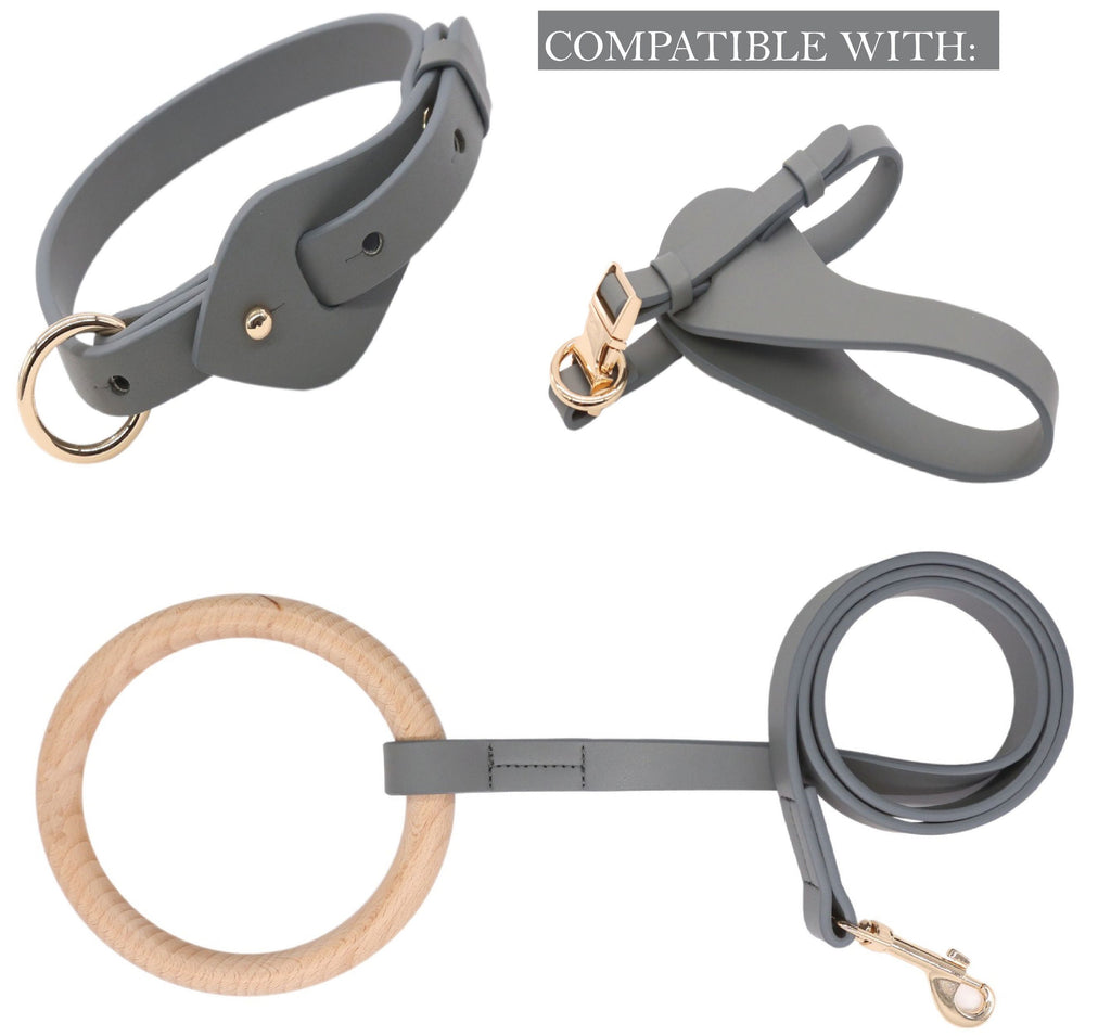 Gray leather dog collar set with matching leash strap and D-ring hardware