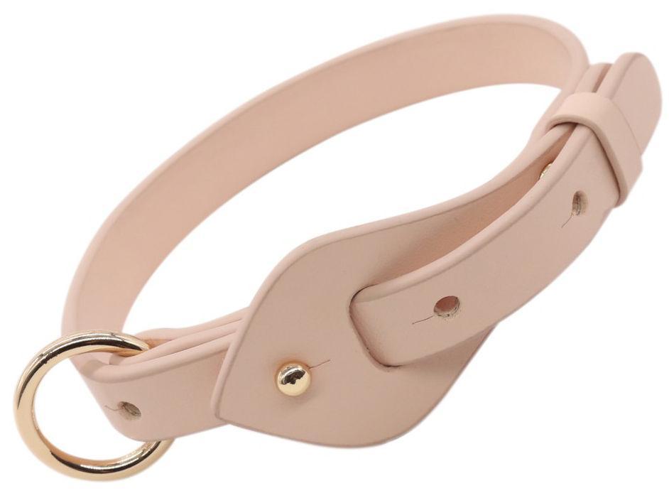 Apricot adjustable leather dog collar with metal D-ring and snap closure