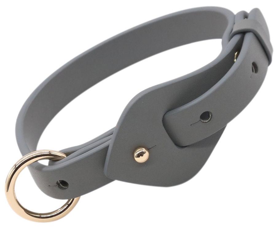 Gray adjustable leather dog collar with gold-tone snap and D-ring hardware