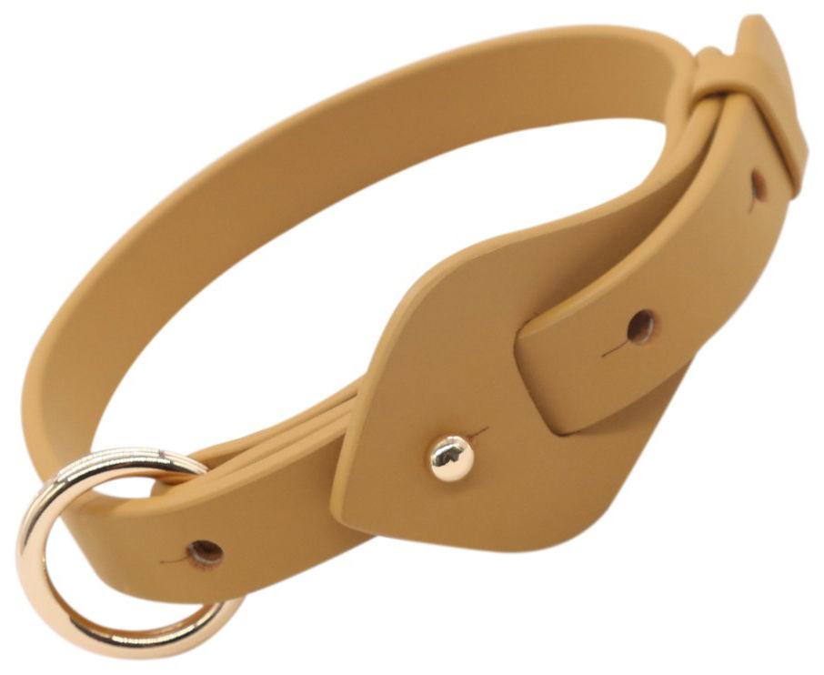 Brown adjustable leather dog collar with gold-tone D-ring and snap closure