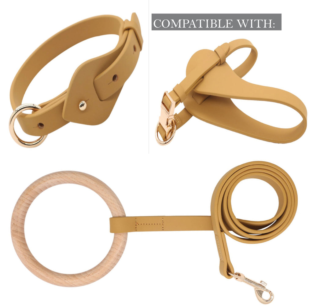 Apricot leather dog collar set with matching leash strap and D-ring hardware