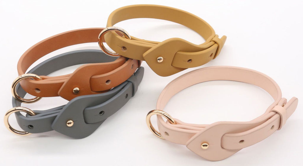 Dog collar and leash set in apricot, brown, and gray with gold-tone hardware