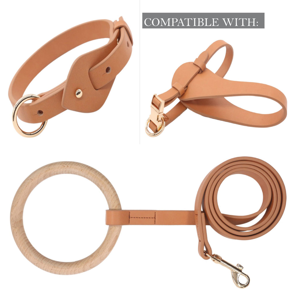 Apricot leather dog collar set with matching leash strap and D-ring hardware