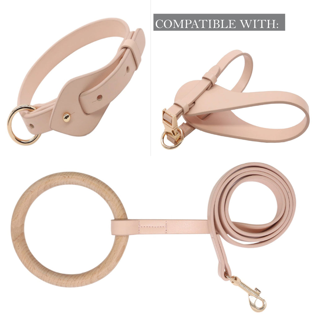 Apricot leather dog collar set with matching leash strap, D-ring, and snap closure