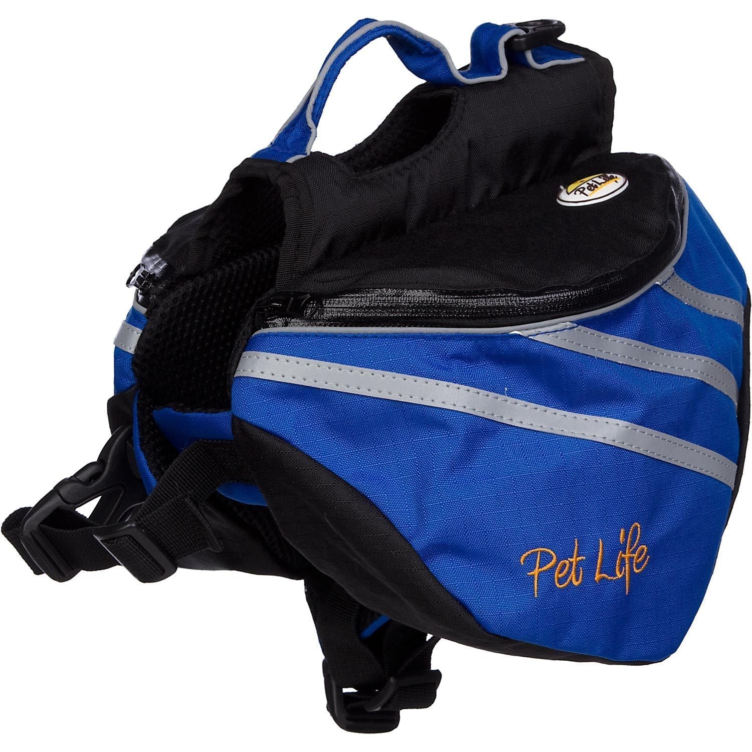 Blue pet dog backpack carrier close-up with zipper front and reflective bands