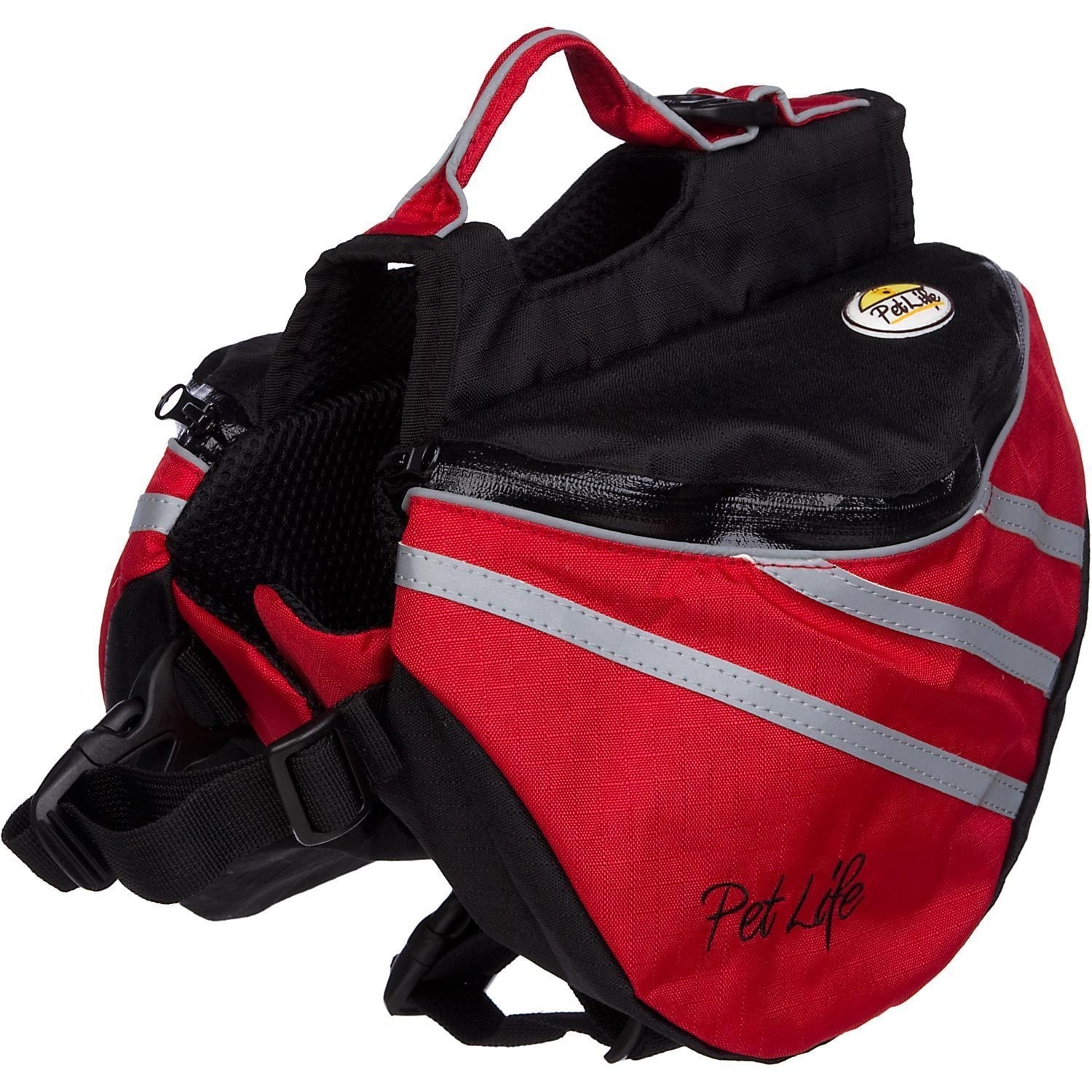 Red pet dog backpack carrier close-up with zipper front and reflective bands