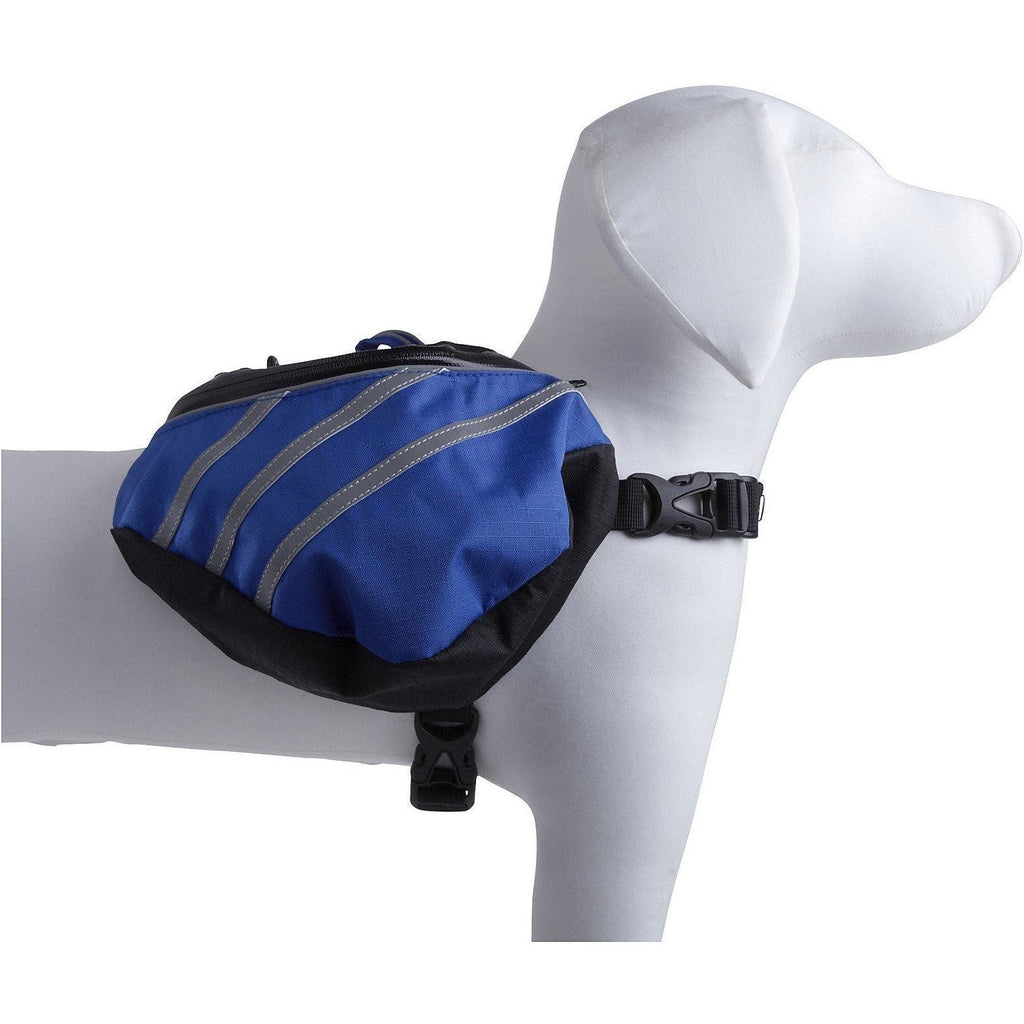 Blue waterproof reflective pet dog backpack carrier with side opening and waist strap