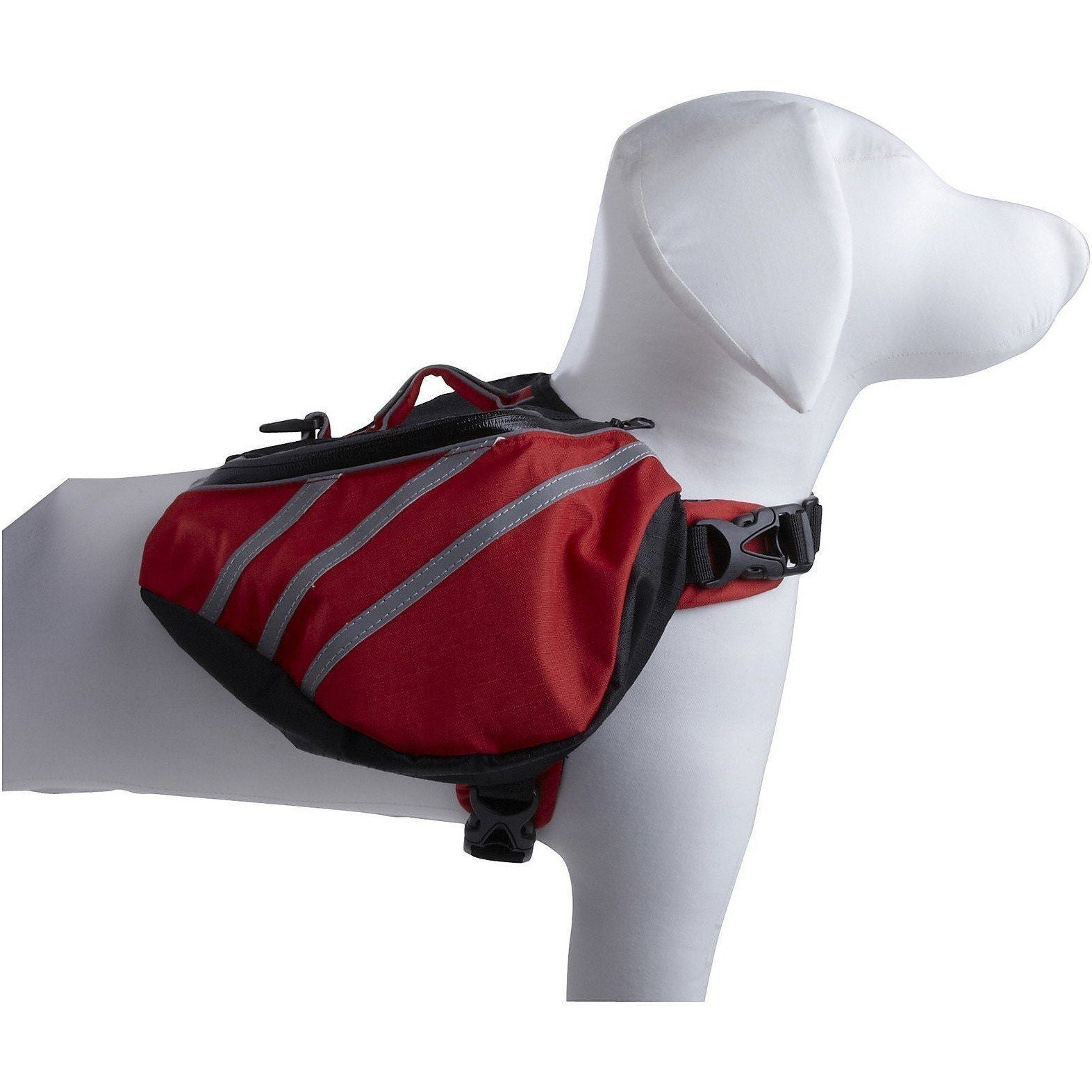 Red waterproof reflective pet dog backpack carrier with side opening and waist strap