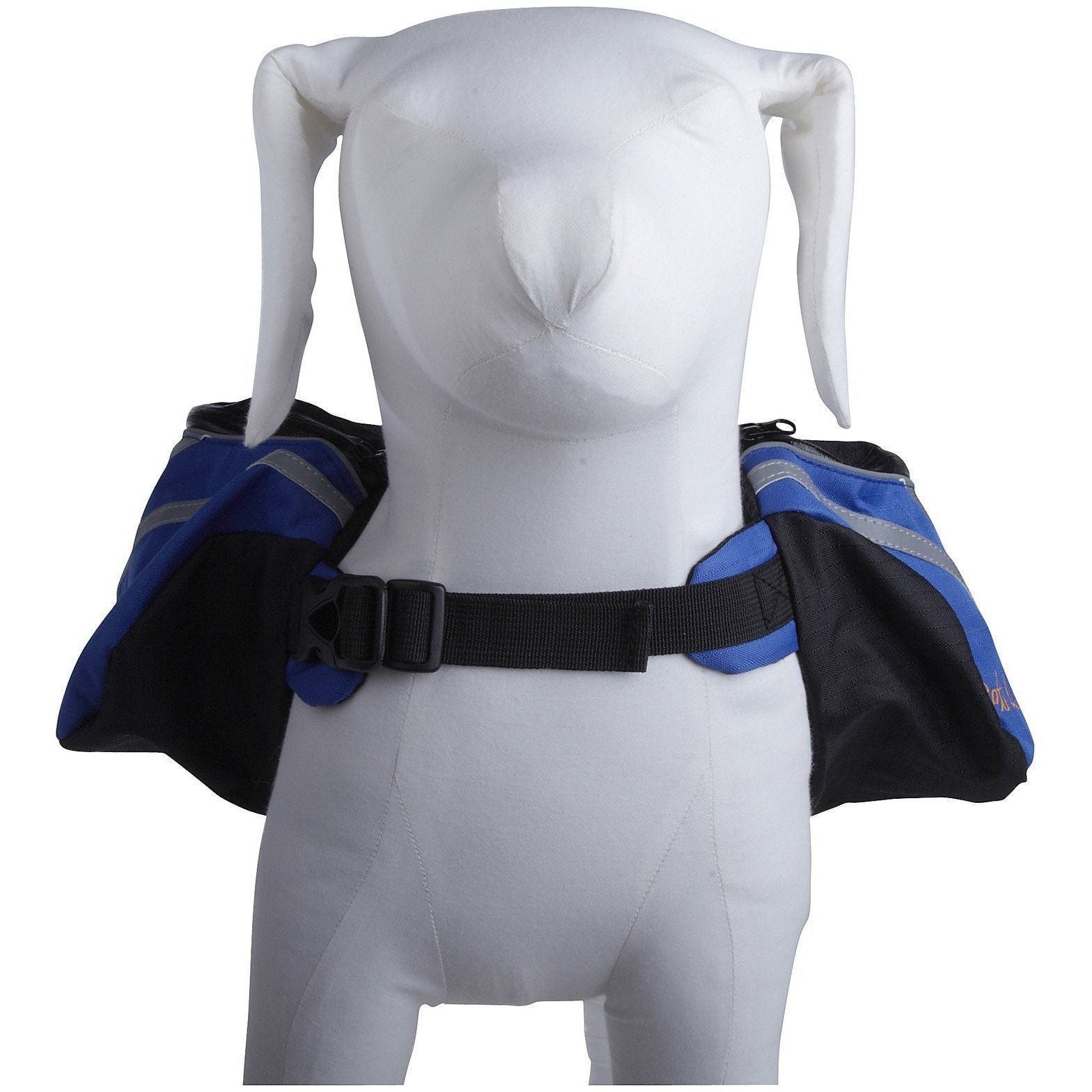 Blue pet dog backpack carrier worn on a dog-style mannequin with front harness straps