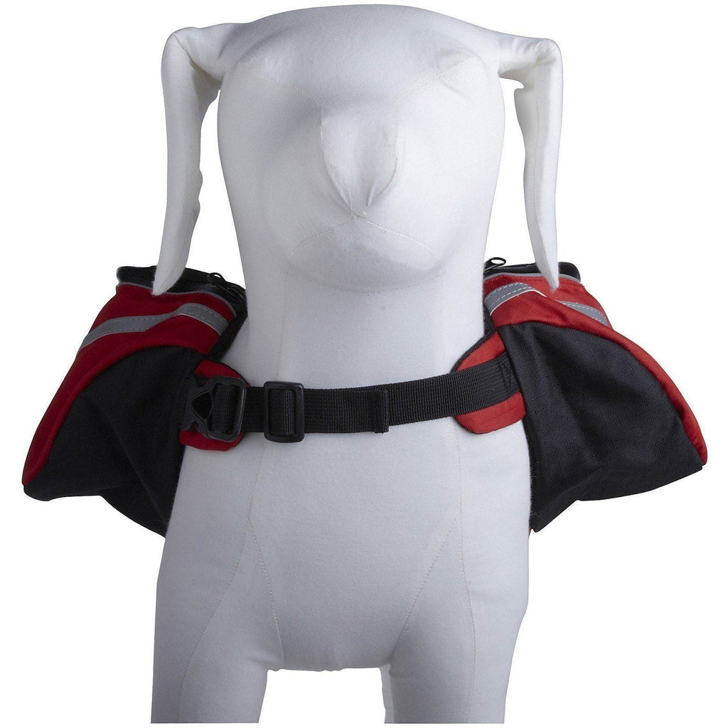 Red pet dog backpack carrier worn on a dog-style mannequin with front harness straps
