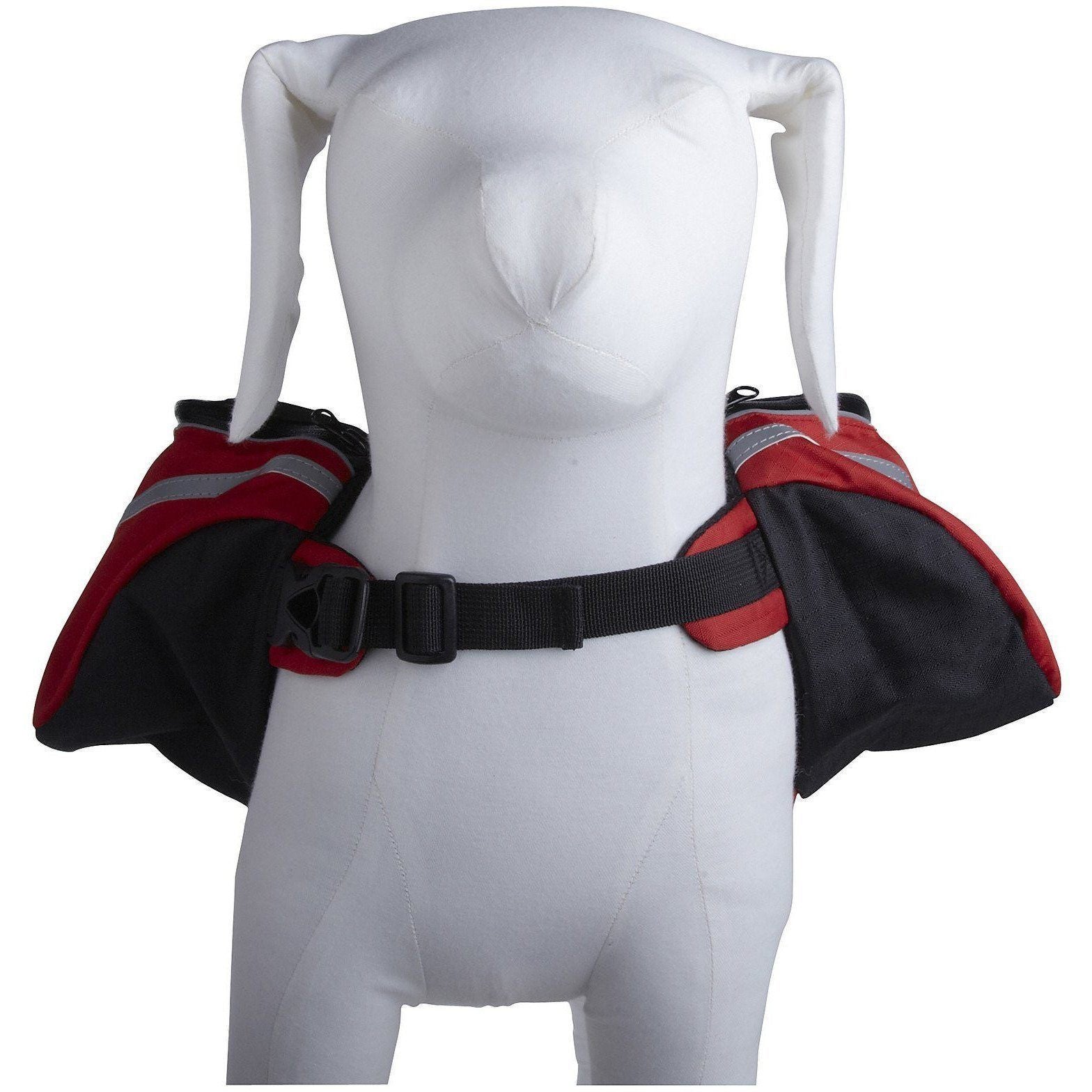 Red pet dog backpack carrier worn on a dog-style mannequin with front harness straps