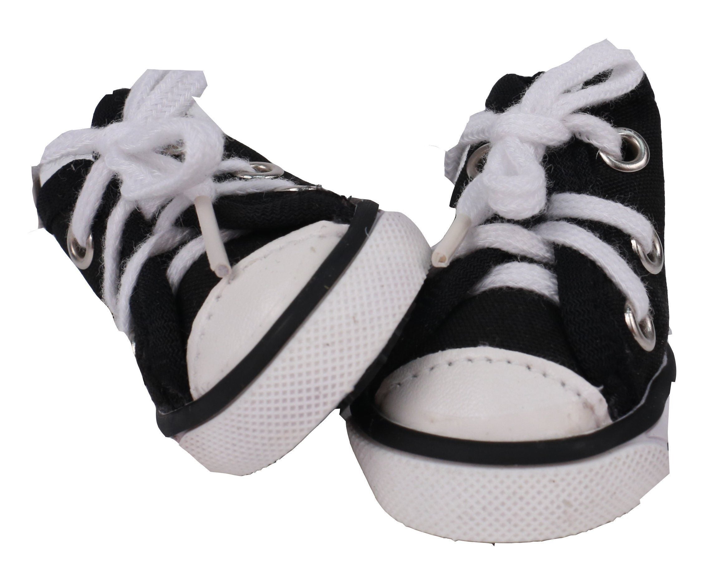Navy/white canvas dog shoes, white laces, side stripes, grippy tread sole