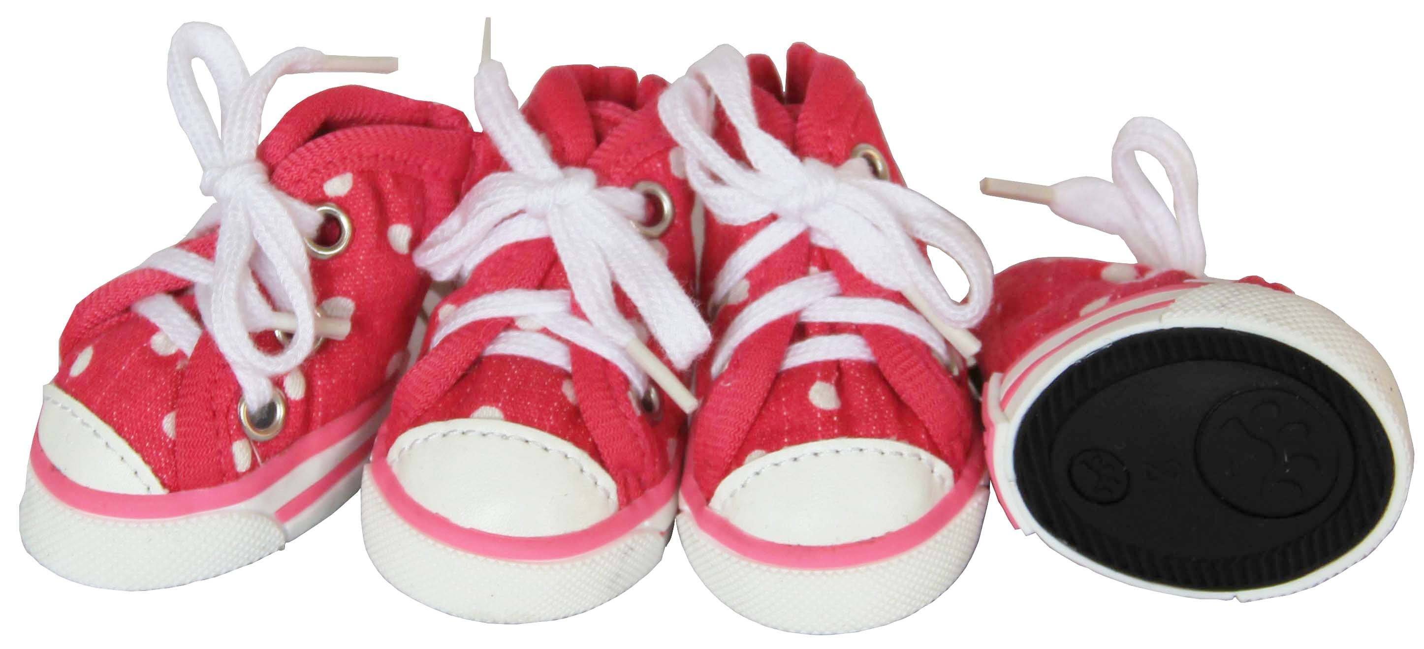 Pink polka-dot dog sneakers with white laces and striped rubber side sole