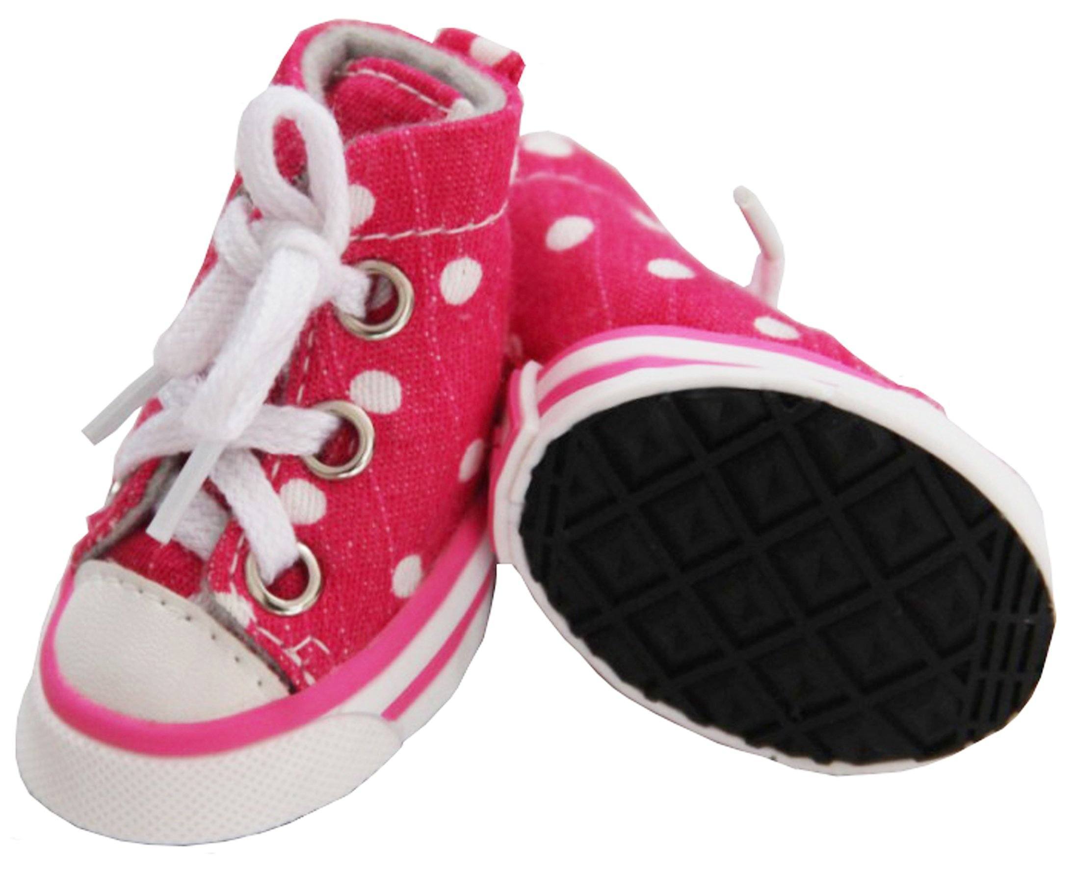 Pink dog canvas sneakers, polka dots, white laces and rubber sole