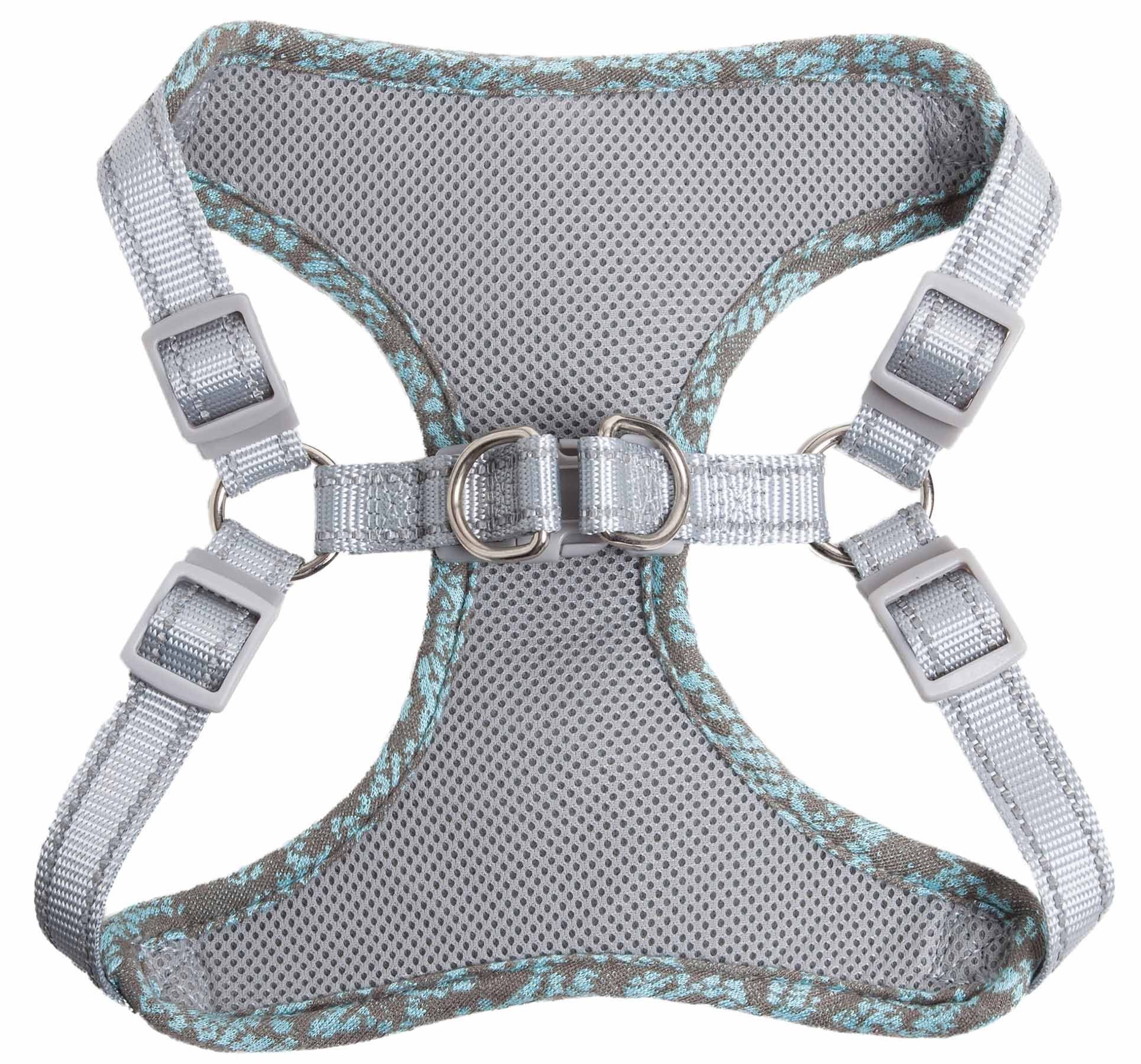 Dog harness with gray mesh panel, turquoise patterned lining, and adjustable snap buckles