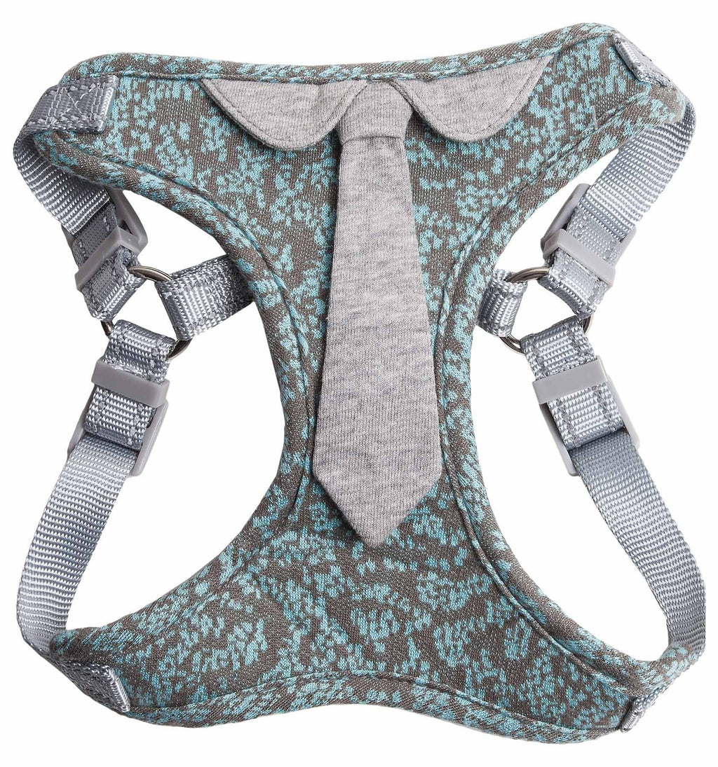 Reversed dog harness with turquoise patterned body, gray trim, and adjustable chest straps
