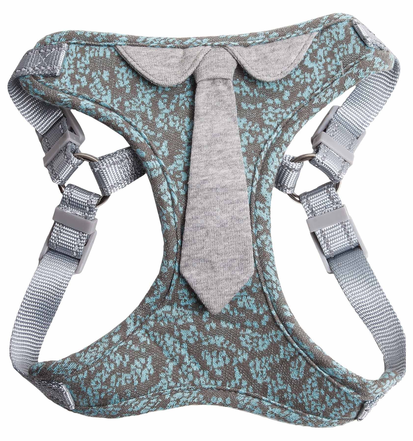Reversed dog harness with turquoise patterned body, gray trim, and adjustable chest straps