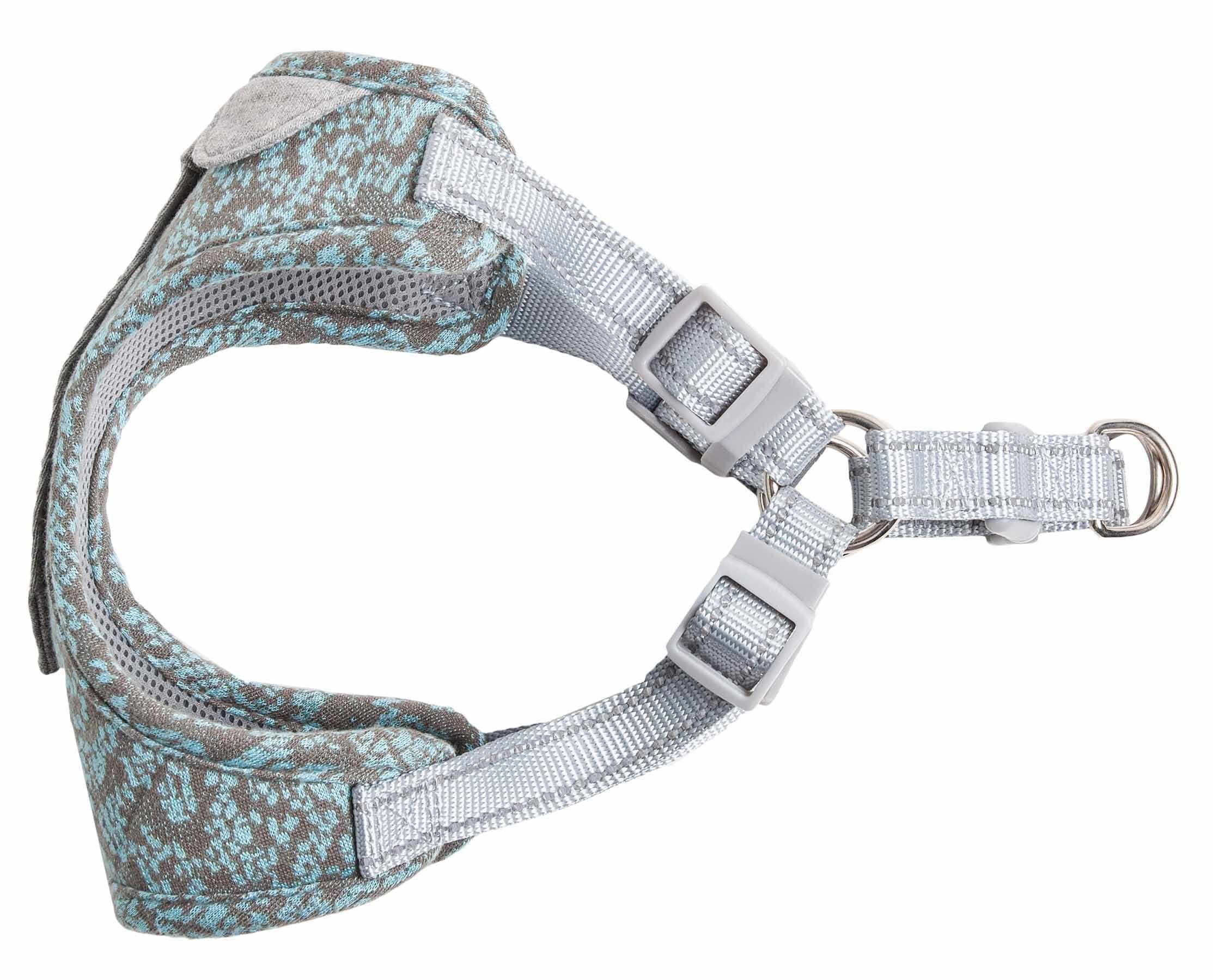 Adjustable dog harness with gray webbing, turquoise patterned edge, and metal D-ring