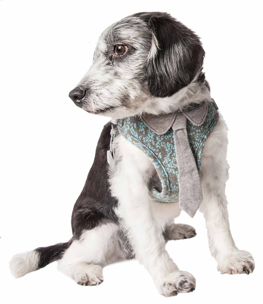 Dog harness with gray mesh straps and turquoise patterned fabric, adjustable neck tie