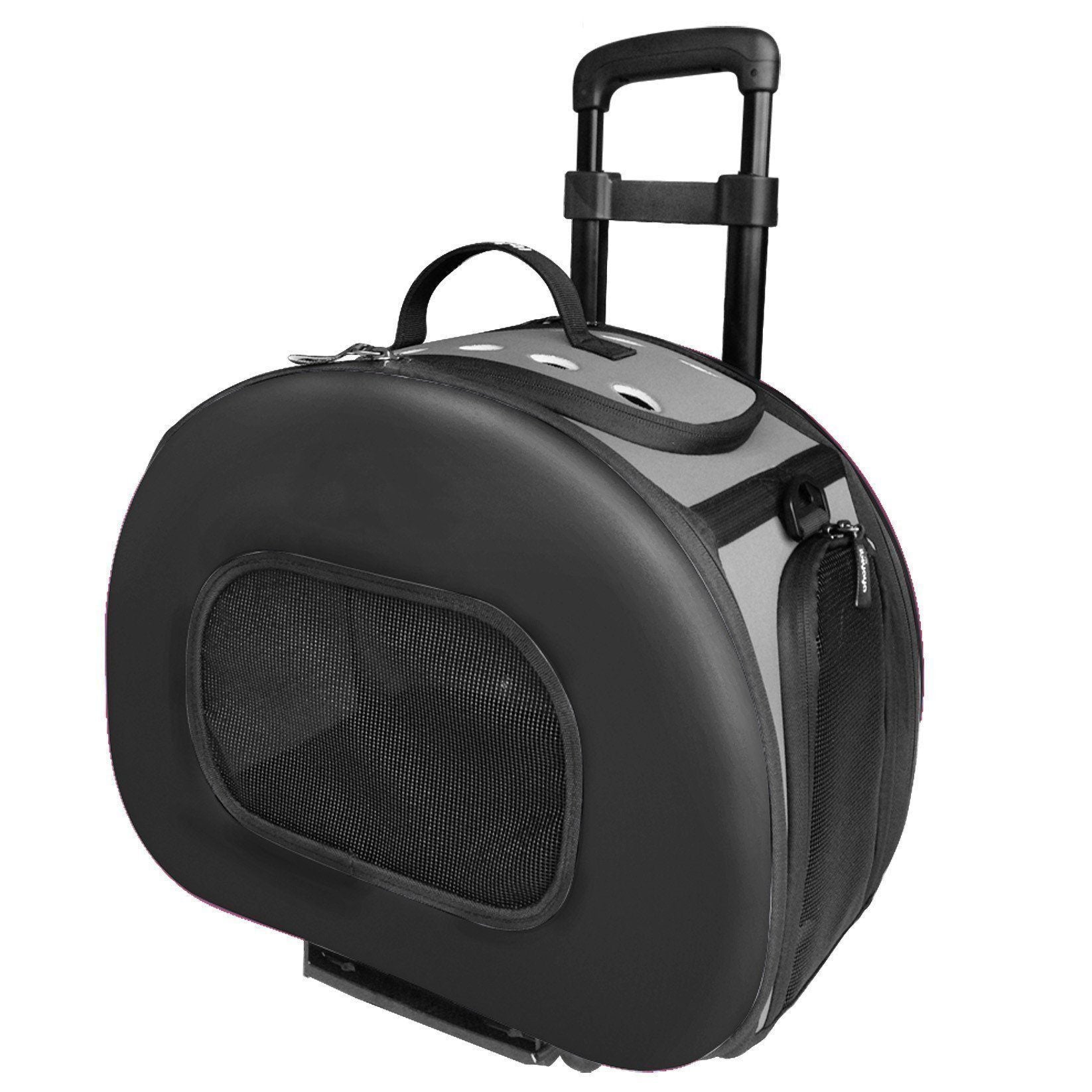 Black wheeled pet carrier crate with front oval mesh ventilation window
