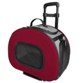 Red wheeled pet carrier crate with large front mesh ventilation window
