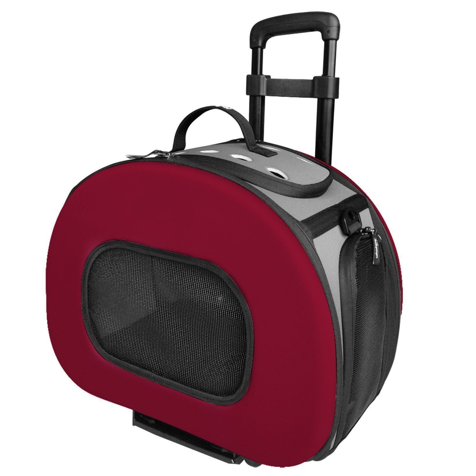 Red wheeled pet carrier crate with large front mesh ventilation window