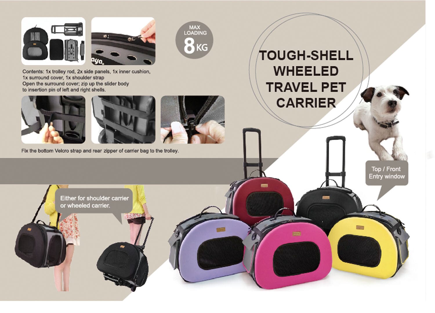 Tough-shell wheeled travel pet carrier, collapsible, top/front entry, multiple colors