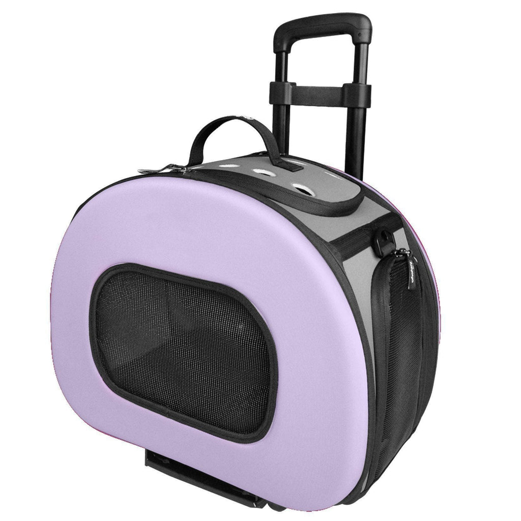 2-in-1 hard-shell pet carrier with telescoping handle, lilac body and gray panels